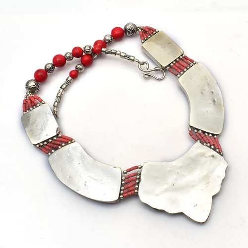 Tibetan Coral Gemstone 925 Sterling Silver Big Necklace Handmade Jewelry - Picture 2 of 4