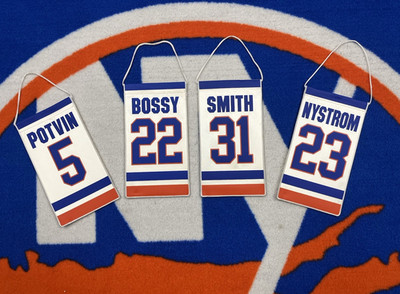 BOSSY, POTVIN, SMITH, NYSTROM NEW YORK ISLANDERS SGA RETIRED BANNERS. RARE NOW.
