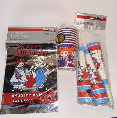 1988 Raggedy Ann And Andy Hallmark Party Cups, Horns And Loot Bags Sealed