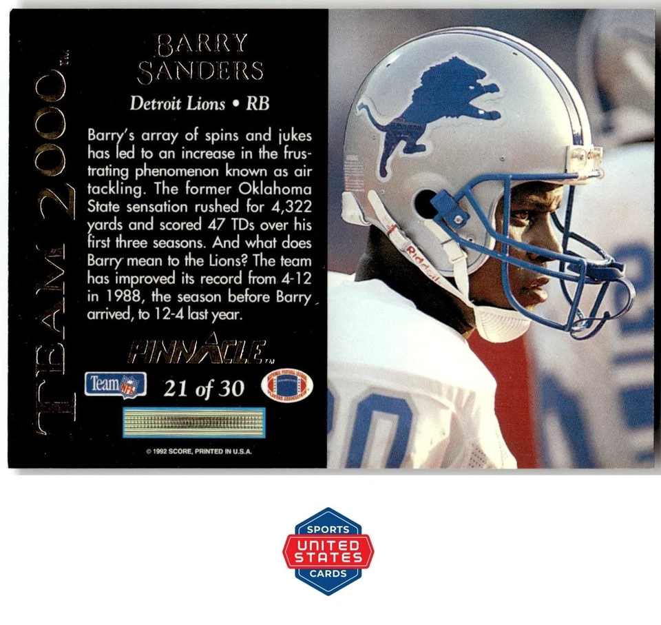 1992 Pinnacle #21 Barry Sanders Team 2000 - Image 2 of 2
