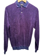 VTG 80s Velour Cotton Polo Shirt Long Sleeve Purple Medium Pullover 1/4 Button