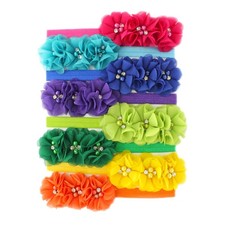 Baby Girls Flower Headbands Fabric Beaded Stretchy Elastic Hair Bands 2 PCS