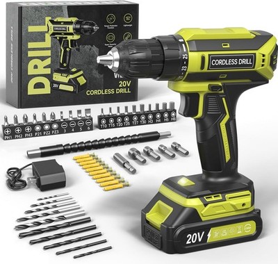 20V Cordless Drill Set with 2.0Ah Battery, 3/8'' Chuck, 56PCS Accessories