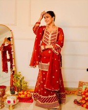 Latest New Faux Georgette Red Top Palazzo With Dupatta For Party Wear