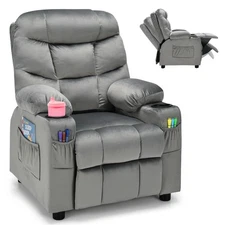 Kids Youth Recliner Chair Velvet Fabric w/Cup Holder & Side Pocket Grey