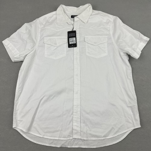 True Religion Hemd Herren XL Optik Weiß Gewebt Kurzarm Knopfleiste Taschen *
