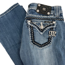MISS ME Women's Sz 27 Easy Boot Cut Medium-Wash Low-Rise Flap Pocket Denim Jeans