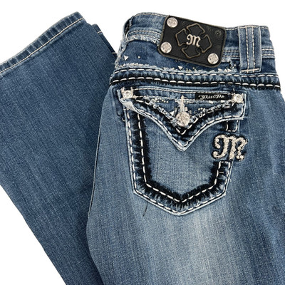 MISS ME Women's Sz 27 Easy Boot Cut Medium-Wash Low-Rise Flap Pocket Denim Jeans