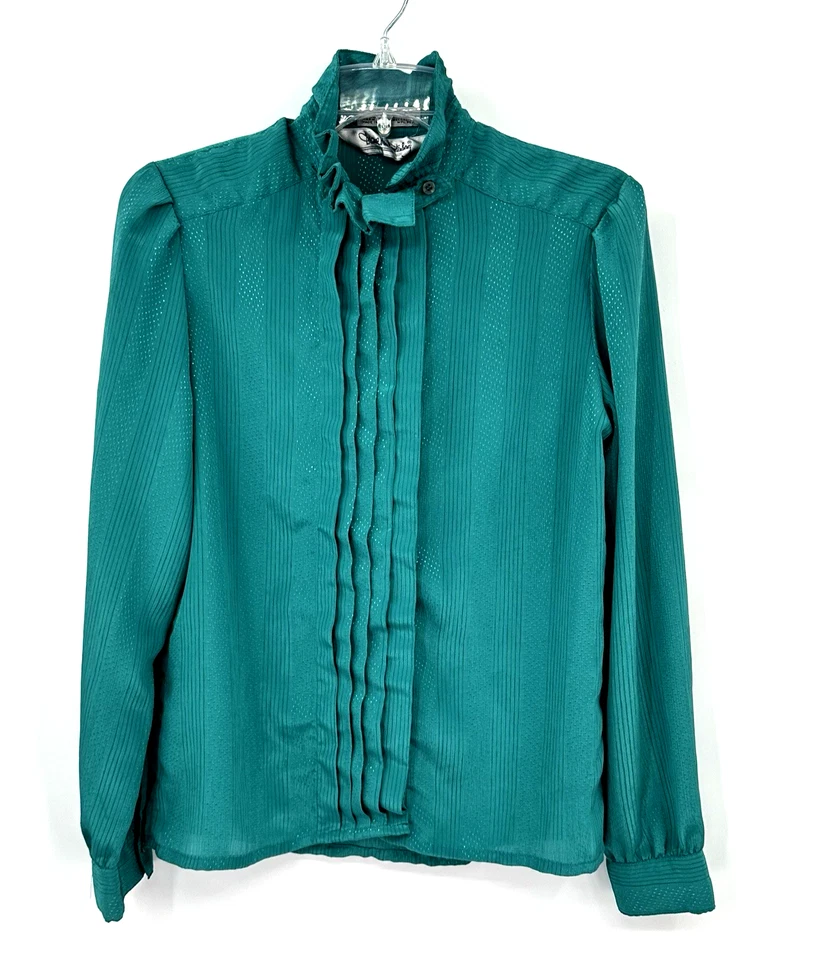 Camisa top blusa vintage años 80 DIANE VON FURSTENBERG VOLANTES PLISADA SATINADO VERDE S Foto 2 de 4