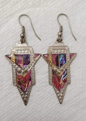 VINTAGE DURI ART DECO-STYLE MULTI-COLORED ABALONE INLAY DANGLE PIERCED EARRINGS