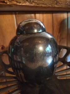 Silver Plated? Metal Urn Jar with Lid, Silver, Round, 6 in Tall