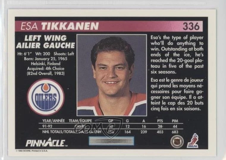 1992-93 Pinnacle Canadian Esa Tikkanen #336 - Image 2 of 2