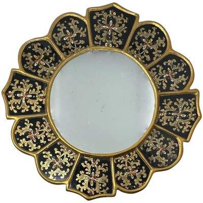 Vintage Peruvian Cuzcaja Reverse Painted Wall Mirror Floral Glass Gold Gilt Wood