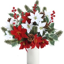 14Pcs Christmas Flowers Artificial Poinsettia Bouquet 18    Pine Branches Red ...