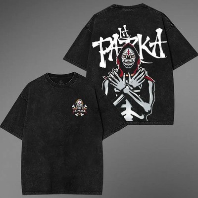 LA PARKA Skeleton King Lucha Libre Graphic Tee Black Gothic Font Vintage Style
