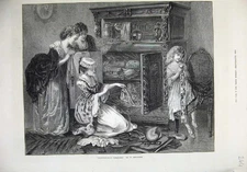 Original Old Antique Print 1873 Fine Art Grandmothers Treasure Cabinet Fine Art