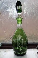 Vintage Stunning Tall Bohemian Emerald Green Cut to clear Crystal Glass Decanter