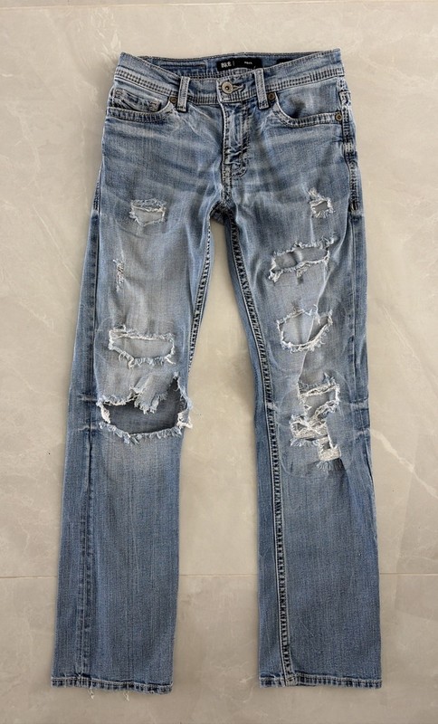 BKE AIDEN JEANS MENS STRAIGHT STRETCH HEAVY STITCH Size 28 X 32 Destroyed 6718