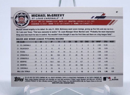 2025 Topps All Star Game Michael McGreevy Green Foil SP RC /99 Cardinals - Picture 2 of 3