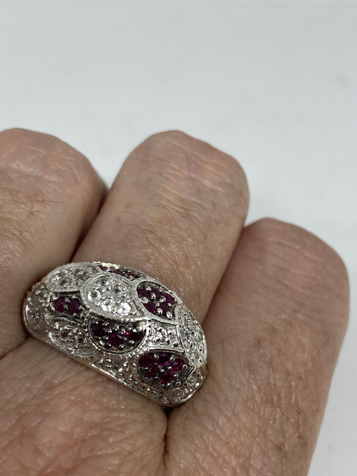 Vintage Red Ruby White Sapphire 925 Sterling Silver Ring Size 8 Natychmiastowa dostawa w Japonii