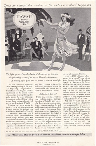 Hawaii Tourist Bureau Hulu Dancer Vacation Island Vintage Print Ad 1928