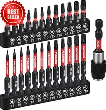 25Pc Torx Bits Set T5-T40 1"&2.5" Security Tamper-Proof S2 Steel Magnetic Box