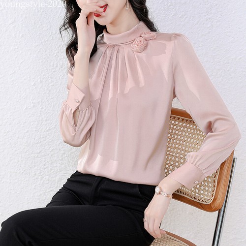 Camicetta camicia da lavoro donna collo alto fiori rosa chiffon formale business top - Foto 4 di 19
