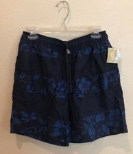 Islander Blue  Black Hawaiian Floral Mens Swim Trunks Suit Board Shorts Small