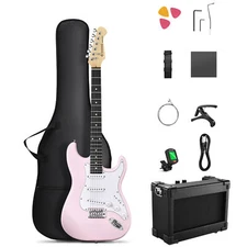 Donner DST-80 Electric Guitar + Amplifier Gig Bag & Accessories Wood Grain Pink