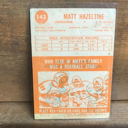 1963 TOPPS #142 MATT HAZELTINE SAN FRANCISCO 49ERS / CALIFORNIA - Picture 2 of 2