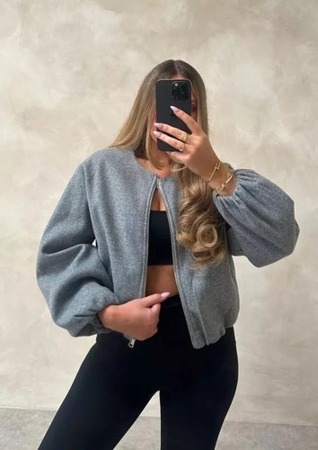 Giacca bomber donna zip lunga palloncino manica a sbuffo maglione zip crop top - Foto 7 di 9