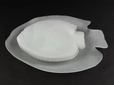 5 Piece Vintage Fish Shaped Plates And Serving  Platter Frosted Satin Glass