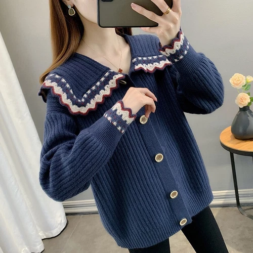 Long Sleeve Lapel Neck Collar Sweater Women Short Jacket Short Knitwear - Bild 14 von 24