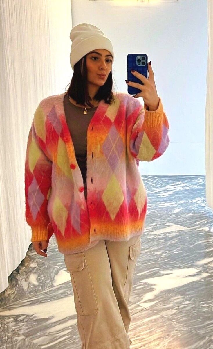 Zara Argyle Knit Cardigan Multicoloured Purple Pink Green M Zara Argyle Knit Cardigan Multicoloured Purple Pink Green M