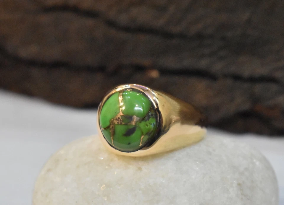 Anillo de piedras preciosas turquesa redondas verdes naturales de plata de ley 925 con oro amarillo Foto 3 de 4