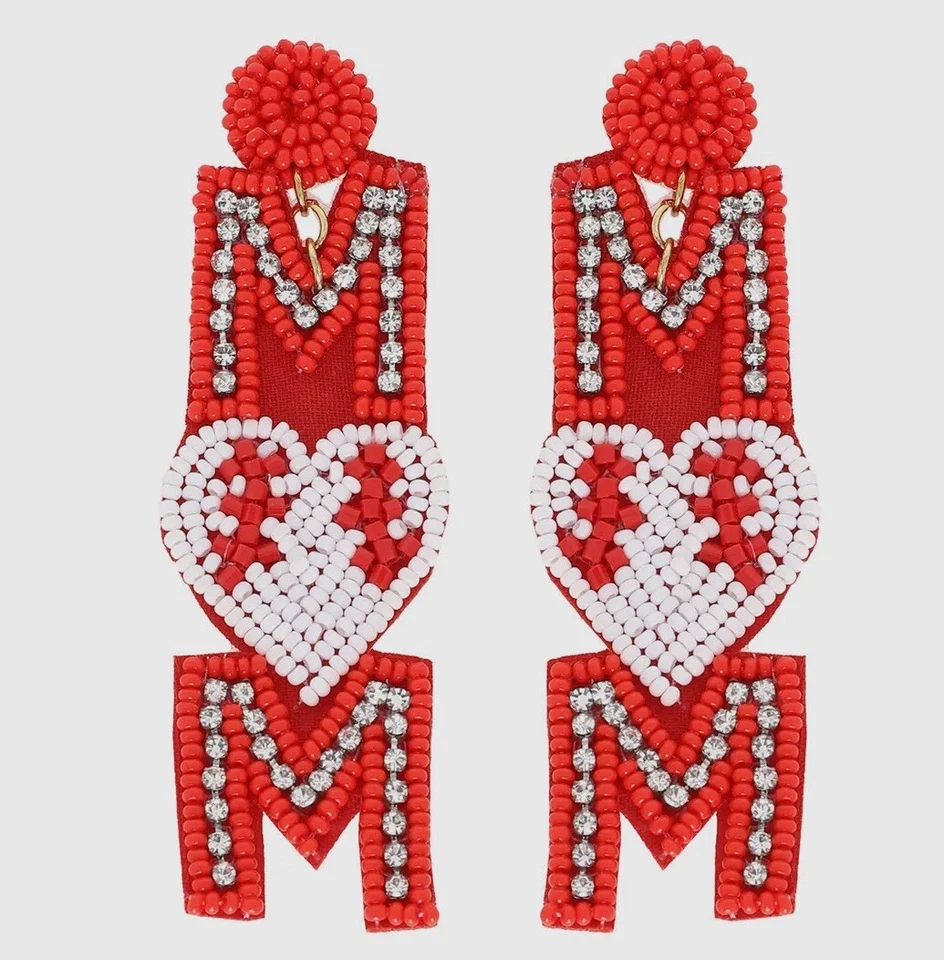 "Pendientes perforados BÉISBOL MAMÁ semillas cuentas y diamantes de imitación rojo y blanco 3,5""x 1,2"" nuevos con etiquetas" Foto 4 de 4