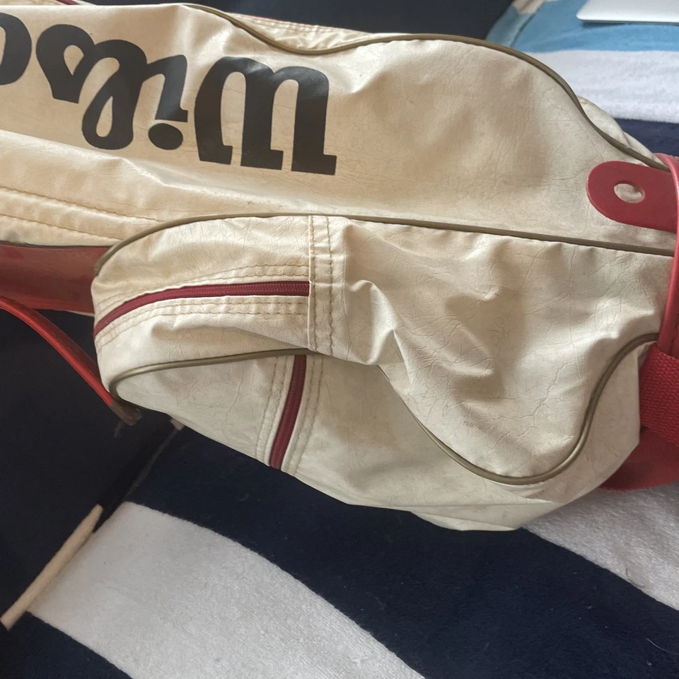 "Bolsa de golf Wilson Sports profesional vintage de cuero sintético rojo/blanco con correa 34""" Foto 3 de 4