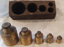 Antique Set Solid Brass Scale Weights in wood block 1 Kilo to 50grams