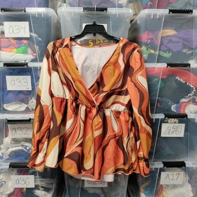 Orange Multi Colored Blouse Flare Size 2xl Polyester Shien Curve A262ed