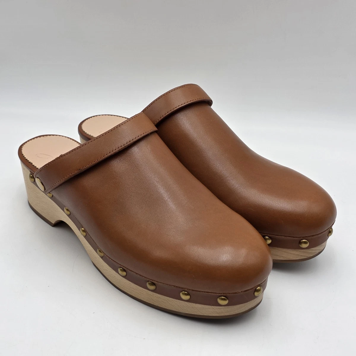 J.Crew NWOT Brown Leather Clog Mules Studded Wood Platform Size 12  70’ vibe Vintage 70s Leather Platform Clogs | Handmade Wooden Wedge  main image 2