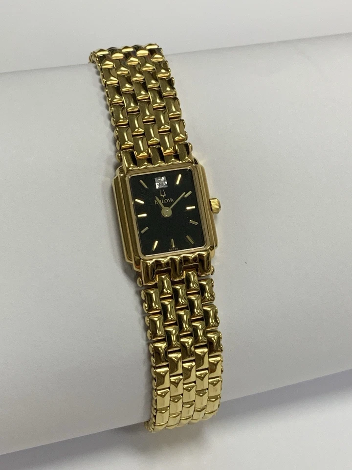 Bulova Tank Watch Women 17mm Gold Tone Black Dial 97P46 A3 New Battery - Image 3 of 4