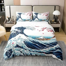 Ocean Wave 100% Cotton Duvet Cover for Boys Girls Twin Size Cherry Blossoms B...