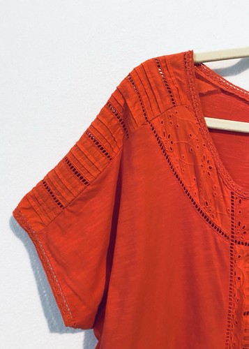 Lucky Brand Top Womens 2X Coral Orange Slub Knit Eyelet Crochet Trim Cotton Boho - Picture 3 of 8