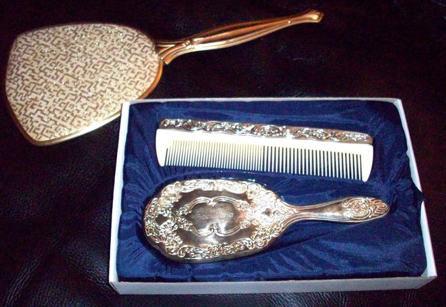 Vintage Lovely 3 Piece Silver Plated Dresser Set With Gold Tone Hand Vintage Lovely 3 Piece Silver Plated Dresser Set With Gold Tone Hand Mirror