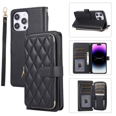 For iPhone 17 Pro Max 16 15 14 12 7 Leather Zipper Wallet Card Bag Case W/ Strap