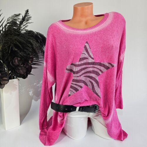 Damen Feinstrickpulli Stern Pullover Größe 42 44 46 48 Tunika Pink - Afbeelding 1 van 7