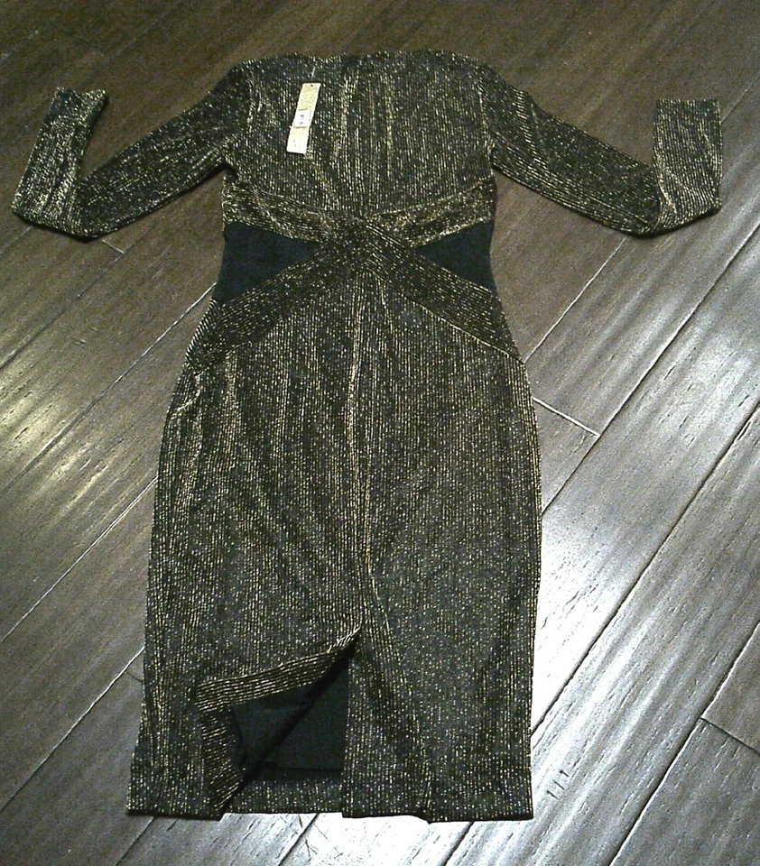 Rachel Roy 金色黑色金属弹力正装连衣裙中号 — 第 2/3 张图片