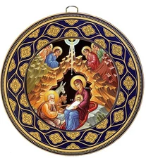 Nativity Icon in Circular Wooden Frame Nativity Scene Christmas Decoration Gift