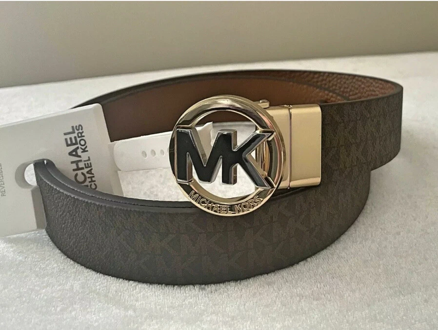 hardware ser godt ud Electrify Michael Kors Reversible Chocolate Brown Belt Gold Silver MK Logo Leather S  Rare | eBay