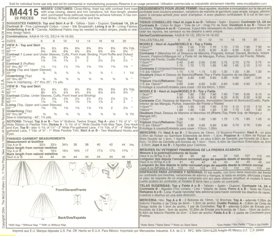 McCall's M4415 Gone With The Wind, Civil War Gown Costume Sz 6-12 UNCUT Pattern - Image 3 of 4